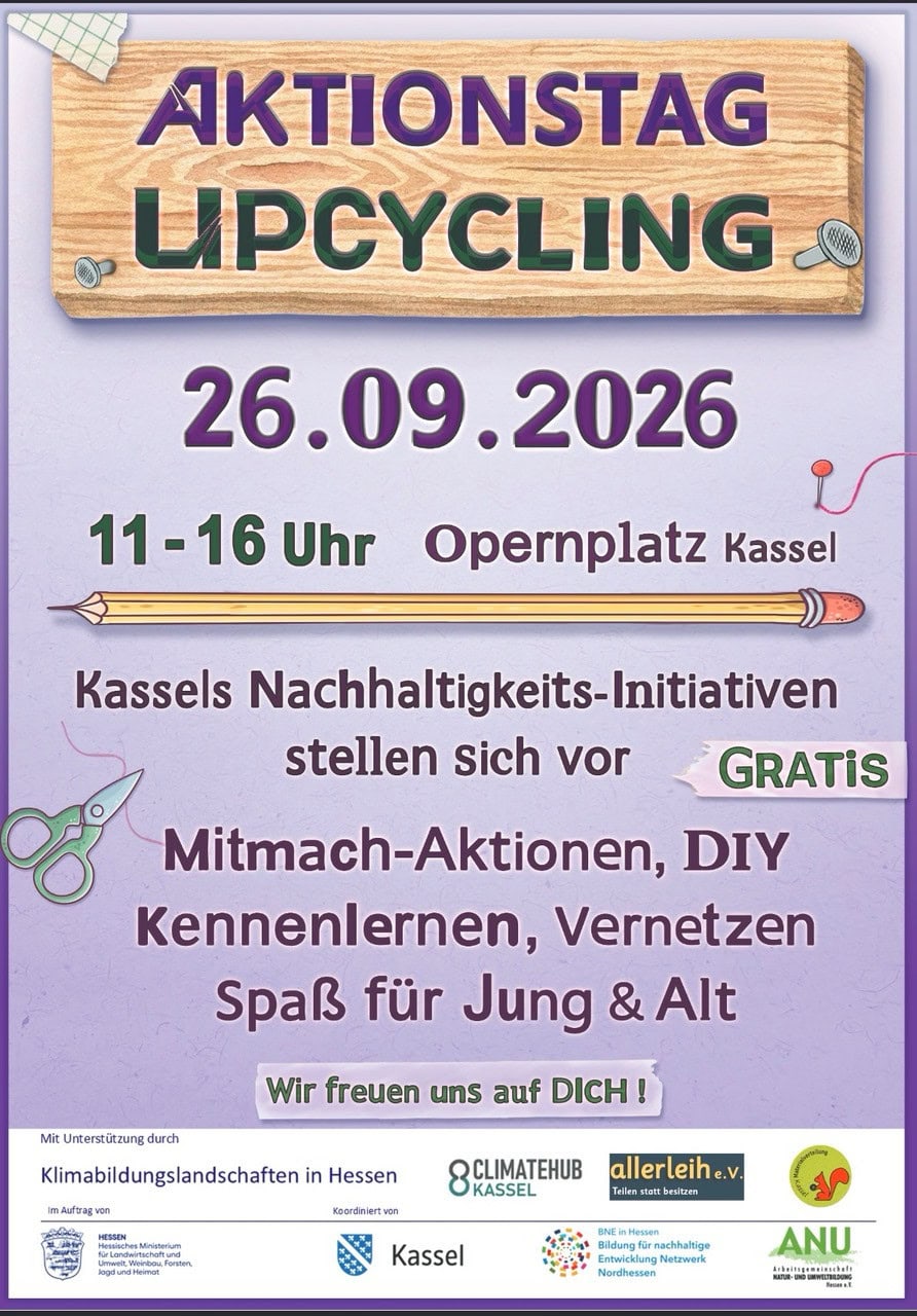 Upcycling Aktionstag am 26.09.2026 in Kassel mit DIY und Mitmachaktionen.